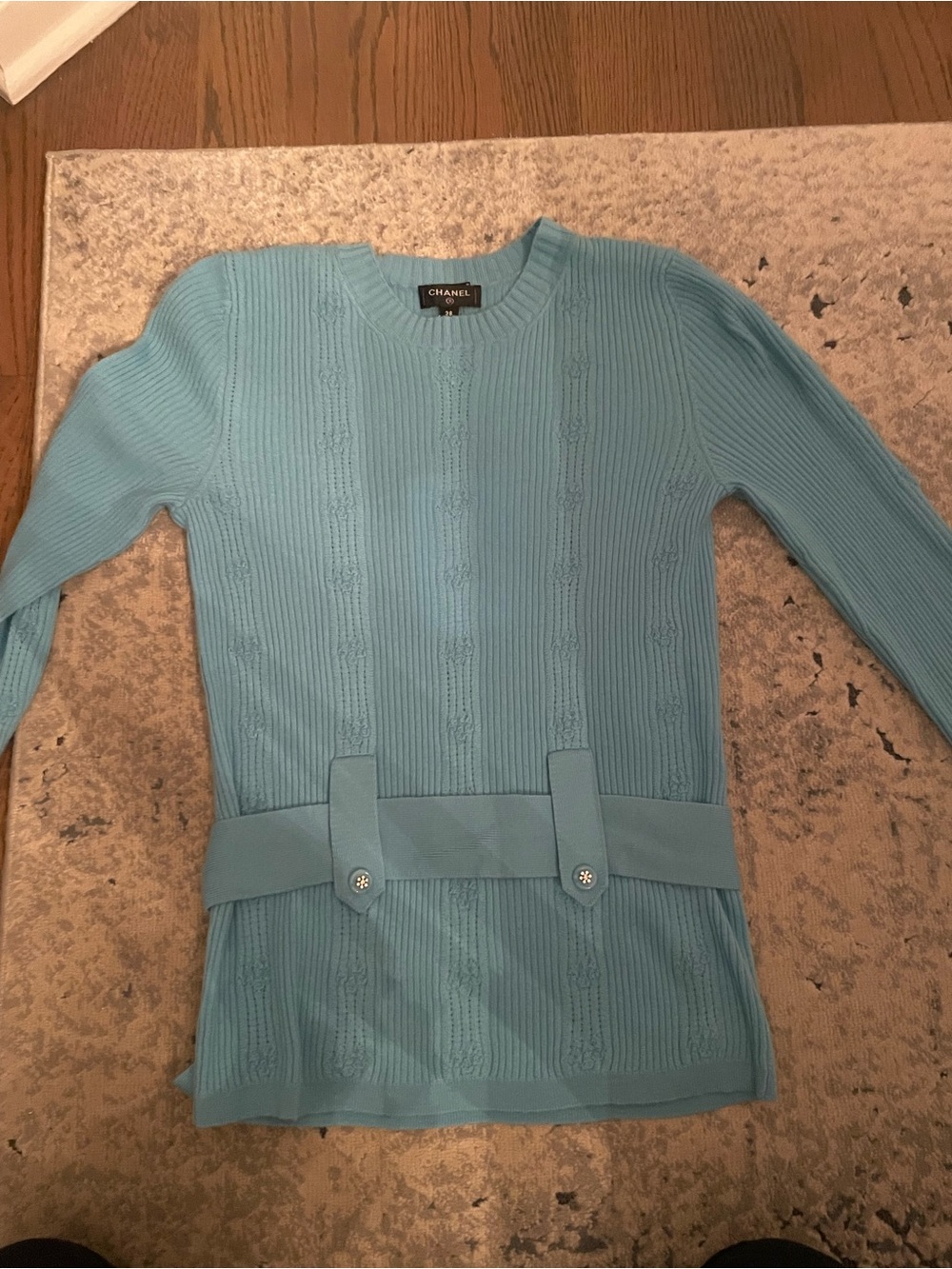 CHANEL Sky Blue Ribbed Cable-Knit Crewneck Sweater